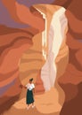 Person exploring canyon cave. Landscape card. Woman traveler walking, enjoying nature, secluded serene place of power