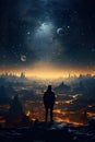 person exploring far worlds with planets and moons, universe discovery concept, fantasy and science fiction