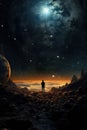 person exploring far worlds with planets and moons, universe discovery concept, fantasy and science fiction