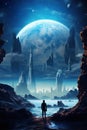 person exploring far worlds with planets and moons, universe discovery concept, fantasy and science fiction
