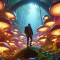 A person exploring a forest of oversized, glowing mushrooms i
