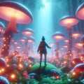 A person exploring a forest of oversized, glowing mushrooms i