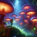 A person exploring a forest of oversized, glowing mushrooms i