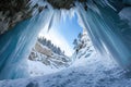 A person exploring an ice cave, standing amidst the icy formations and breathtaking natural beauty, An impressive ice cavern in a