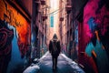 person, exploring intriguing and unfamiliar graffiti-covered alleyway