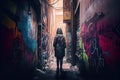 person, exploring intriguing and unfamiliar graffiti-covered alleyway