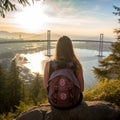 Person exploring Vancouver's stunning skyline at sunset with Lions Gate Bridge