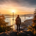 Person exploring Vancouver& x27;s stunning skyline at sunset with Lions Gate Bridge