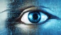 Person eye watching cyber data, abstract digital information background, wide blue banner Royalty Free Stock Photo