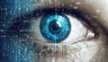 Person eye watching cyber data, abstract digital information background, wide blue banner Royalty Free Stock Photo