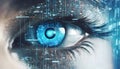 Person eye watching cyber data, abstract digital information background, wide blue banner Royalty Free Stock Photo