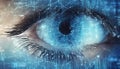 Person eye watching cyber data, abstract digital information background, wide blue banner Royalty Free Stock Photo