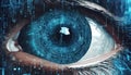 Person eye watching cyber data, abstract digital information background, wide blue banner Royalty Free Stock Photo