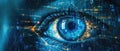 Person eye watching cyber data, abstract digital information background, wide blue banner with cyber security theme. Concept of ai Royalty Free Stock Photo