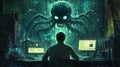 Person facing large digital octopus on monitors