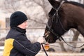 Person feeding apple to horse in snowy setting