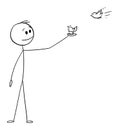 Person Feeding Birds on Hand, Vector Cartoon Stick Figure Illustration