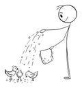 Person Feeding Birds or Pigeons, Vector Cartoon Stick Figure Illustration