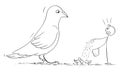 Person Feeding Birds or Shocked by Big or Giant Pigeon, Vector Cartoon Stick Figure Illustration