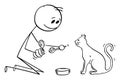 Person Feeding Domestic Cat, Vector Cartoon Stick Figure Illustration