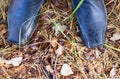 Person feet in boots standing on the ground in autumn forest.