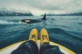 A Person feet sitting on a boat overlooking an orca breaching Generative AI Royalty Free Stock Photo