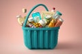 person, filling a basket with necessary drugstore items, before going on vacation