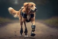 person, fitting dog with robotic leg, in futuristic and high-tech clinic