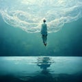 A person floating above water with mind control