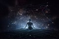 person, floating in digital holographic space, with view of distant stars and galaxies visible