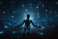 person, floating in digital holographic space, with view of distant stars and galaxies visible