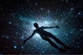 person, floating in digital holographic space, with view of distant stars and galaxies visible