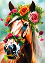 person with flowers. drawing of a horse with a wreath of bright flowers