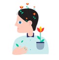 Person with flowers growing from his head. Mental health concept. Abstract vector illustration for people mood and states of mind