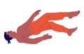 Person fly in dream. Young man floating in imagination, boy falling in weightlessness, back view. People in zero gravity