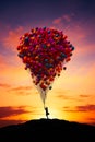 Person is flying bunch of balloons in the sky. Generative AI Royalty Free Stock Photo