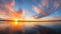 A person flying a kite on a lake at sunset, AI