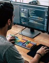 Programming at a modern workspace with a colorful keyboard and dual monitors during the afternoon Royalty Free Stock Photo