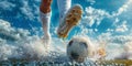 person with a foot clad in a soccer boot kicks a soccer ball high into the air, showcasing skill and precision Royalty Free Stock Photo