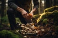 Person foraging for wild mushrooms in the Slovenian forests, highlighting the connection to nature in Slovenian cuisine.