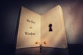 Person found the magic golden key to wisdom, stands near the giant book with a keyhole inside pages. Open the lock to knowledge,