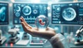 A person in front of a computer monitor holding a blue translucent water with an embryo in it Royalty Free Stock Photo