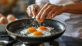 A person is frying eggs in a pan with some water, AI Royalty Free Stock Photo