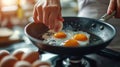 A person frying eggs in a pan on top of an electric stove, AI Royalty Free Stock Photo