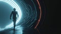 Person in futuristic suit walks to spatial portal on abstract dark background. Man is near glowing circle at night. Concept of