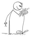 Person or Gardener Is Enjoying Smell of Blooming Flower, Vector Cartoon Stick Figure Illustration