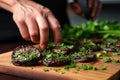 a person garnishing grilled portobello mushrooms with parsley