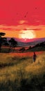 Vibrant Sunset Walk In A Japanese Field - Digital Illustration Painting Royalty Free Stock Photo