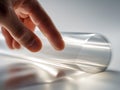 Person gently touching a thin transparent plastic film sheet rolled up on a reflective surface with soft lighting and delicate Royalty Free Stock Photo