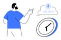 Man Interacting with Voice Recognition Cloud and Clock in Minimalist Design Royalty Free Stock Photo